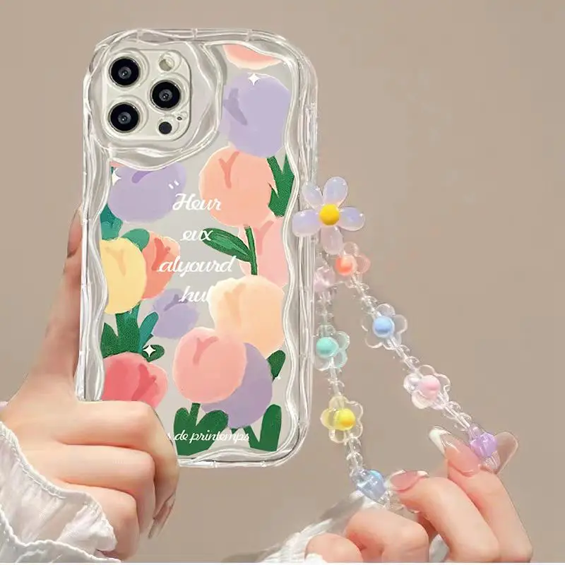 Floral Print Soft Cover with Wrist Chain and Wavy Edge