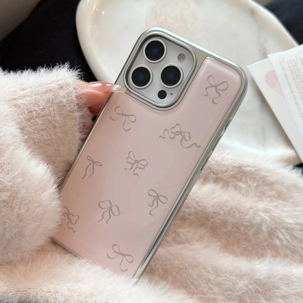 Full Screen Pink Grey Bowknot Electroplated Resin Phone Case Back Cover