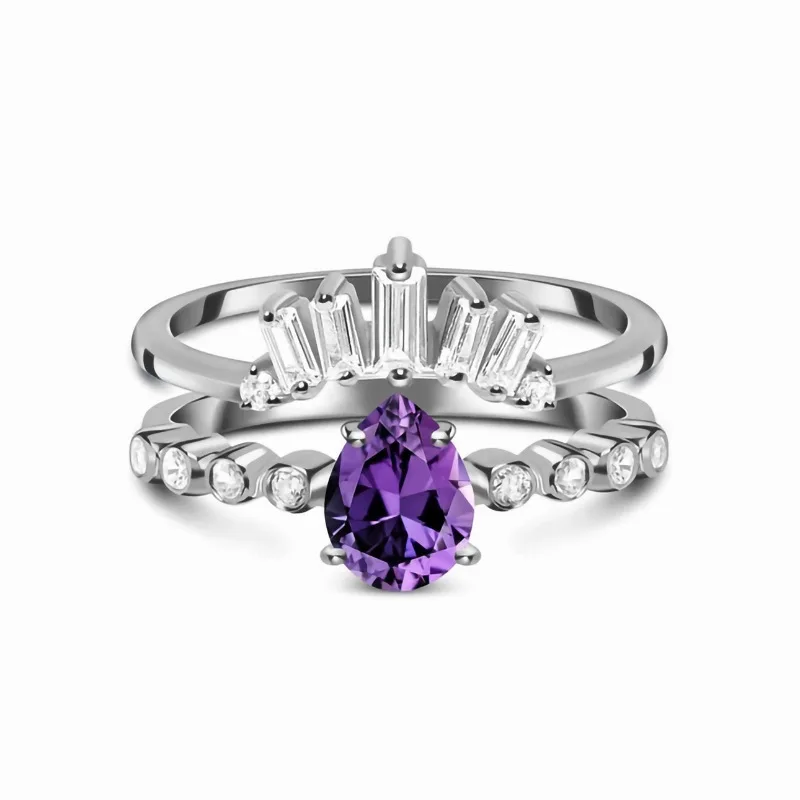 

Europe and the United States S925 silver water drop old purple gem micro zircon double layer female ring simple jewelry