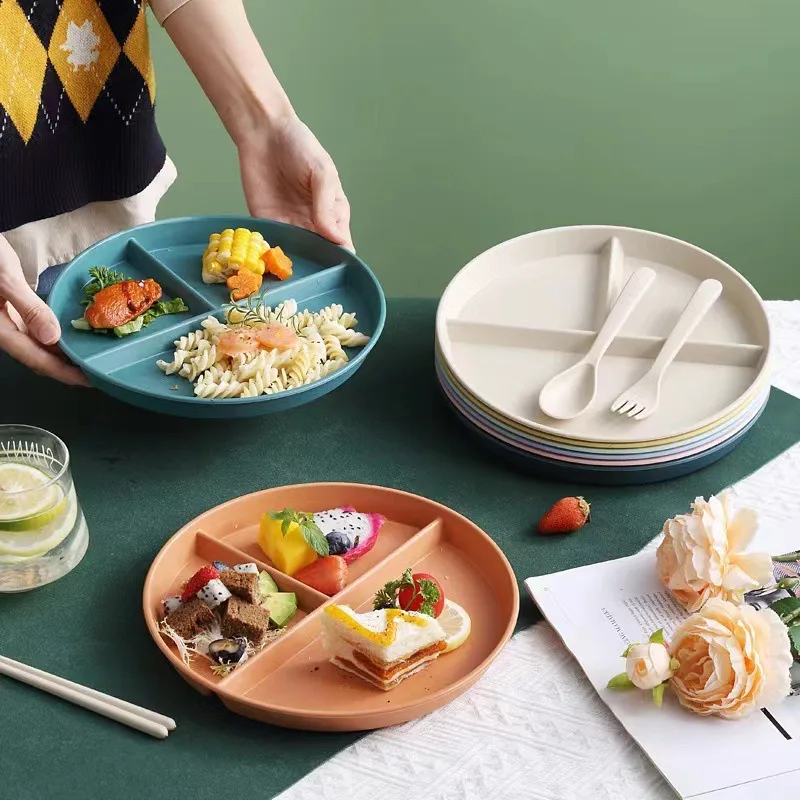 Divided Dish In 3 Diet Reusable Round Dinner Plate Kitchen Dinnerware Portion Plates Adults 3 Compartments Plates Balanced Meals