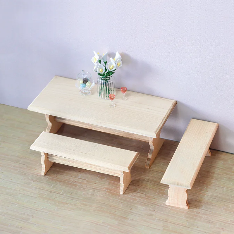 1:12 인형 집 나무 테이블 벤치 미니 가구 모델, 테이블 보관 서랍 캐비닛 모델, DIY 인형 집 침실 장식