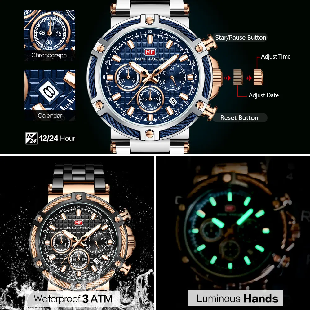 MINI FOCUS Analog Quartz Dress Watch Men Silver Blue Stainless Steel Band Chronograph Luminous Wristwatch with Date 24-hour 0470 6