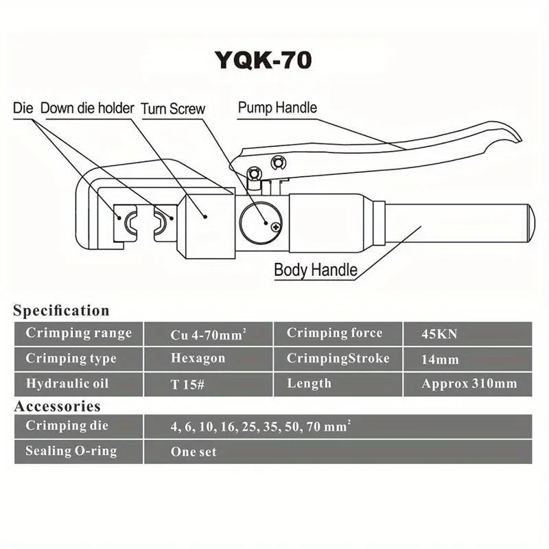 4-70mm² Hydraulic Crimping Pliers YQK-70 Pressure 10T Home Hydraulic Tools Hydraulic Pliers DIY Cable Terminal Crimping Pliers 4