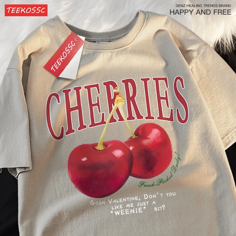 Cherries Fashionable Fruits Unisex Patterned Loose Fit Crewneck T-Shirt
