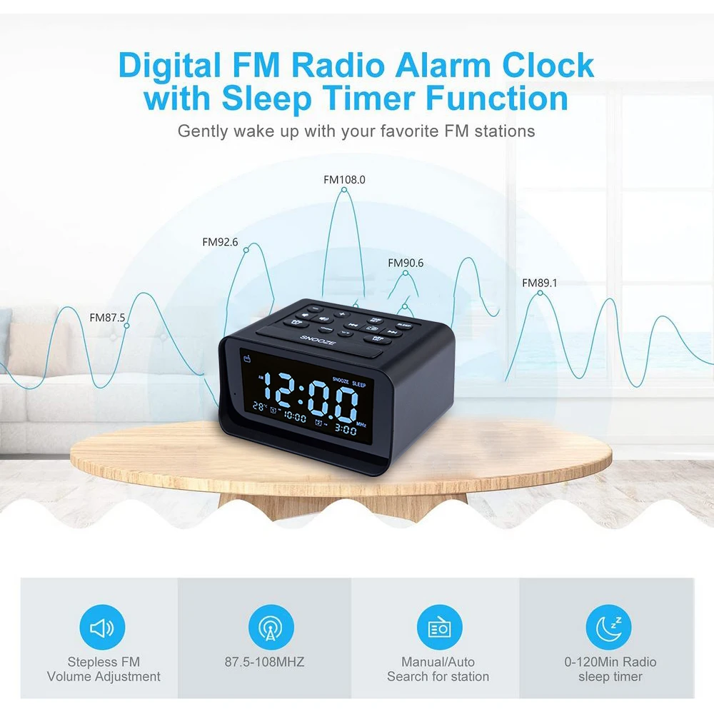 Alarm Clock FM Radio with Dual USB Charger LED Digital Alarm Clock  Home Decoration Snooze Table Desktop Sleep Timer Speaker 5