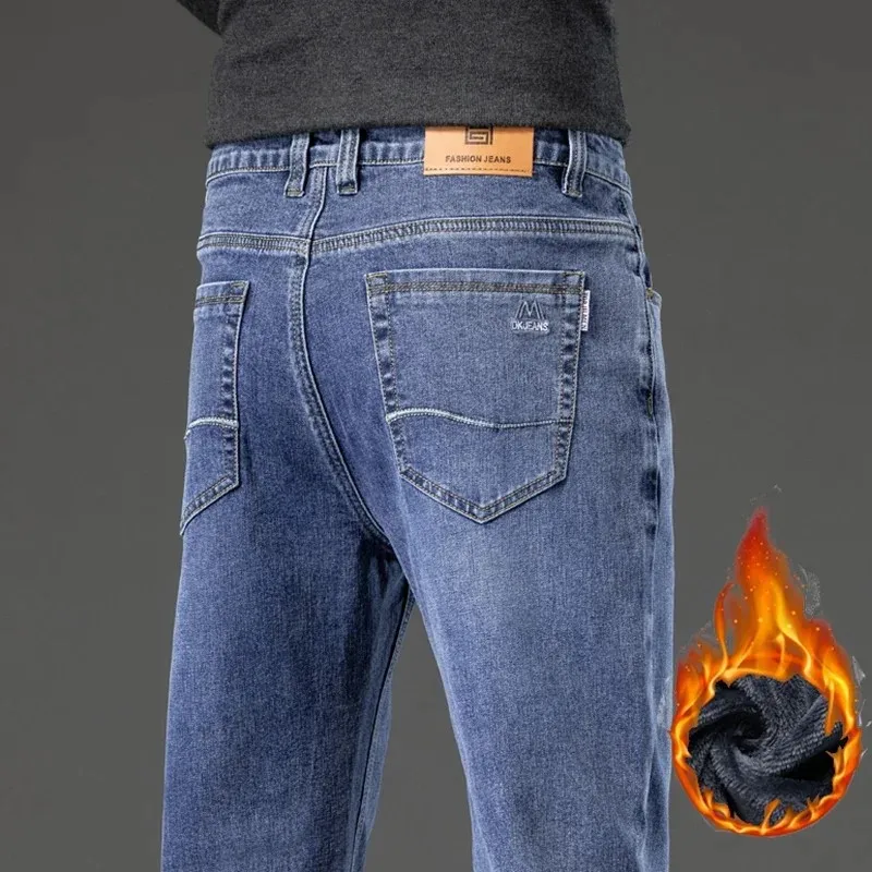 New Winter Men Plus Size Warm Fleece Stretch Straight Denim Jeans Male Plush Business Pants Casual Thick Velvet Regular Trousers 6