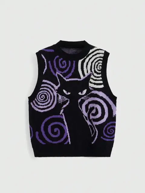 Anime Nine-Tailed Fox Knit Vest Sleeveless Tank Top Black Purple Graphic Sweater Waistcoat 1