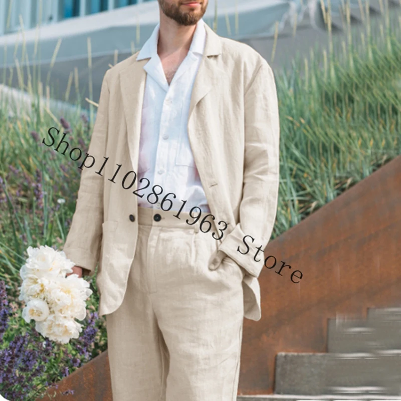 Pink Linen 2 Pieces Suits For Men Casual Elegant Best Men Groom Wear Tuexdos For Wedding Blazer Pants Costume Homme Mariage