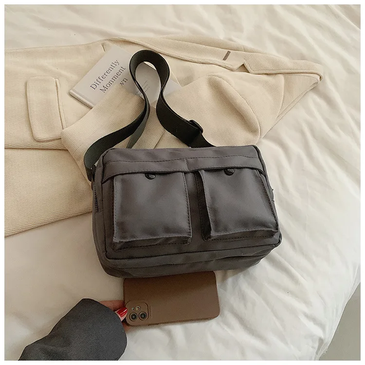 Canvas Crossbody Bag Fashion Retro Art Simple Solid Color Zipper Pocket Lightweight Large Capacity Shoulder Bag Student Handbag