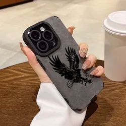 Black Eagle Pattern Leather Silicone Shockproof Phone Case Cover - iPhone 15 Plus (C)