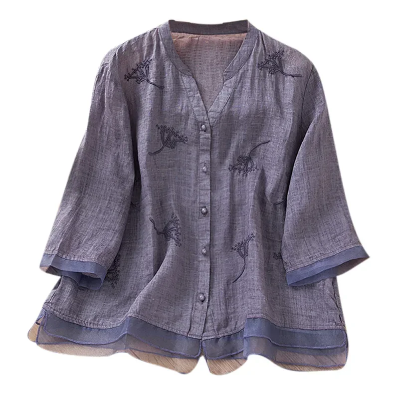 Chinese Style Women's Shirt Cotton Linen Vintage Blouses Loose Embroidery Clothing Short Sleeves Summer Women Tops 2024 Korean