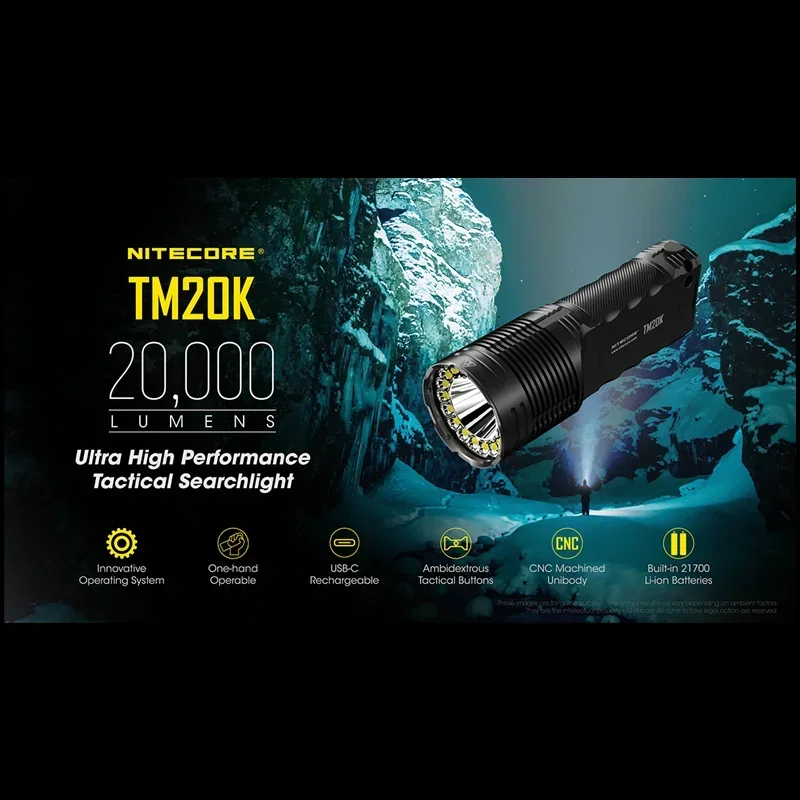 NITECORE 전술 손전등, 20000 루멘, 19 x CREE XP-L2 LED, USB 충전식 내장 배터리, 서치라이트 스포트라이트, TM20K