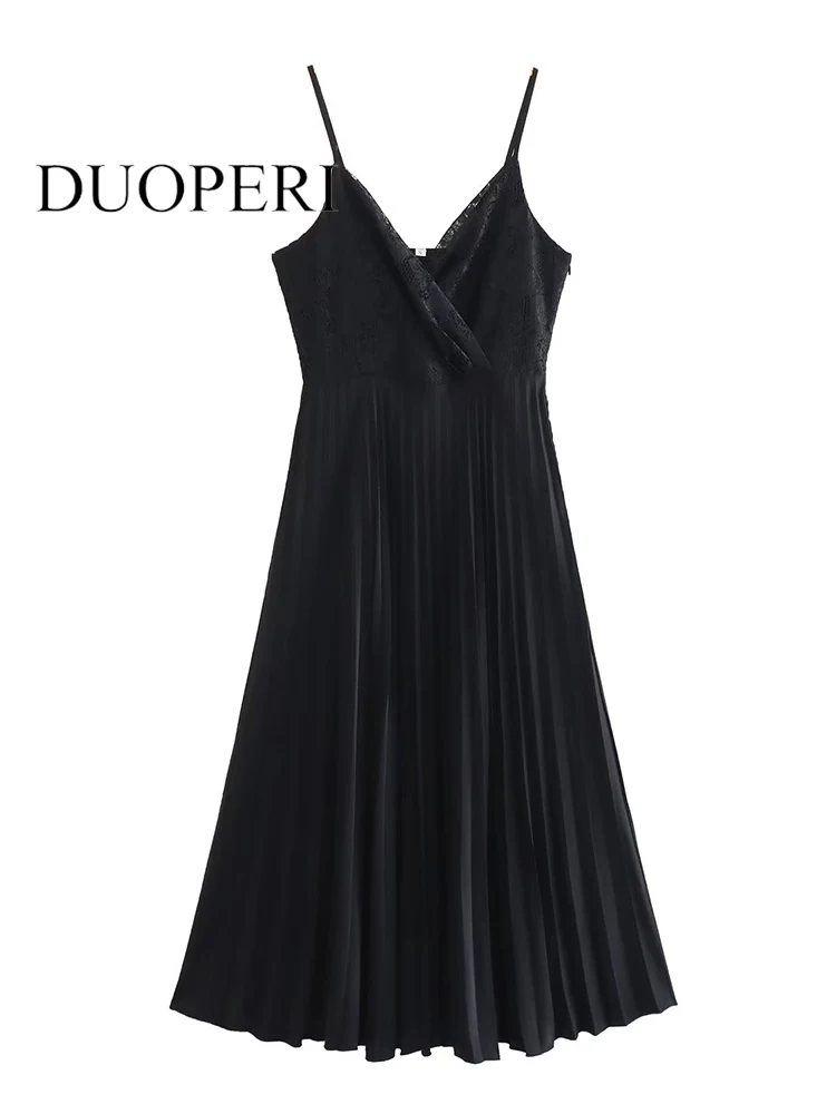 

DUOPERI Women Fashion Black Pleated Backless Side Zipper Midi Dress Vintage Thin Straps V-Neck Female Chic Lady Dresses