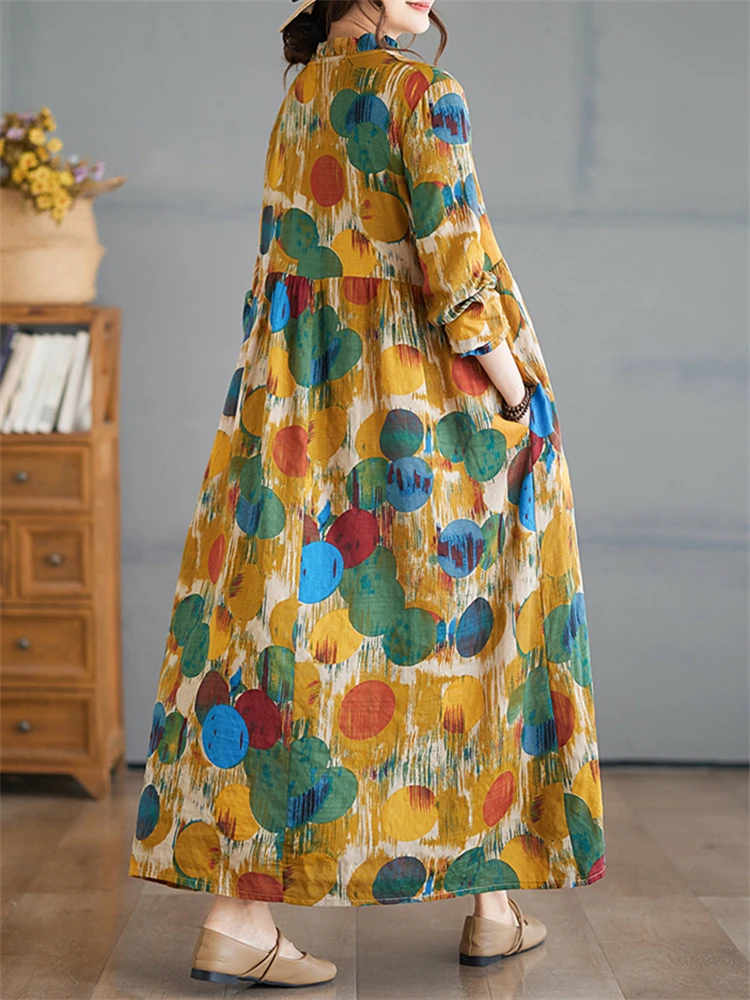 Cotton Vintage Polka Dot V-neck Dress Women Casual Loose Long Sleeve Spring Autumn Dresses Femme Robe Vestidos Elegant Clothing