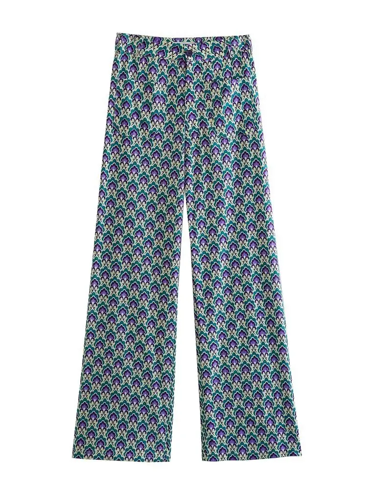 

MESTTRAF Women 2023 Fashion Front Pocket Printed Wide Leg Pants Vintage High Elastic Waist Front Zipper Female Trousers