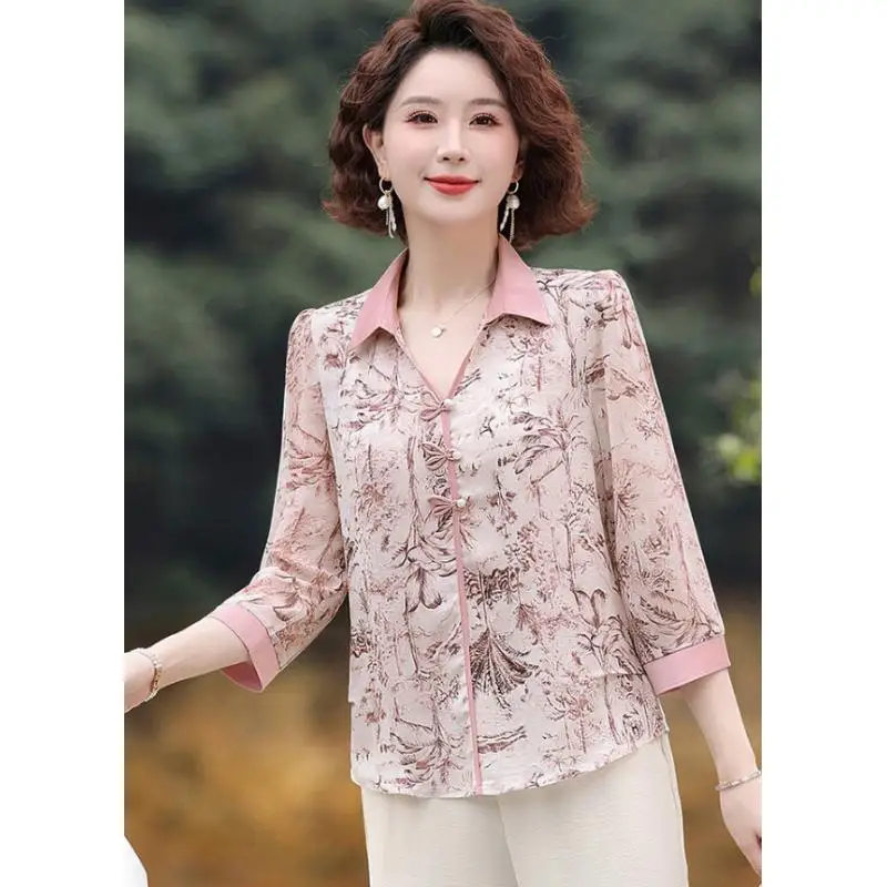 المرأة الحد من العمر قميص صيف جديد 3/4 كم قميص مطب...