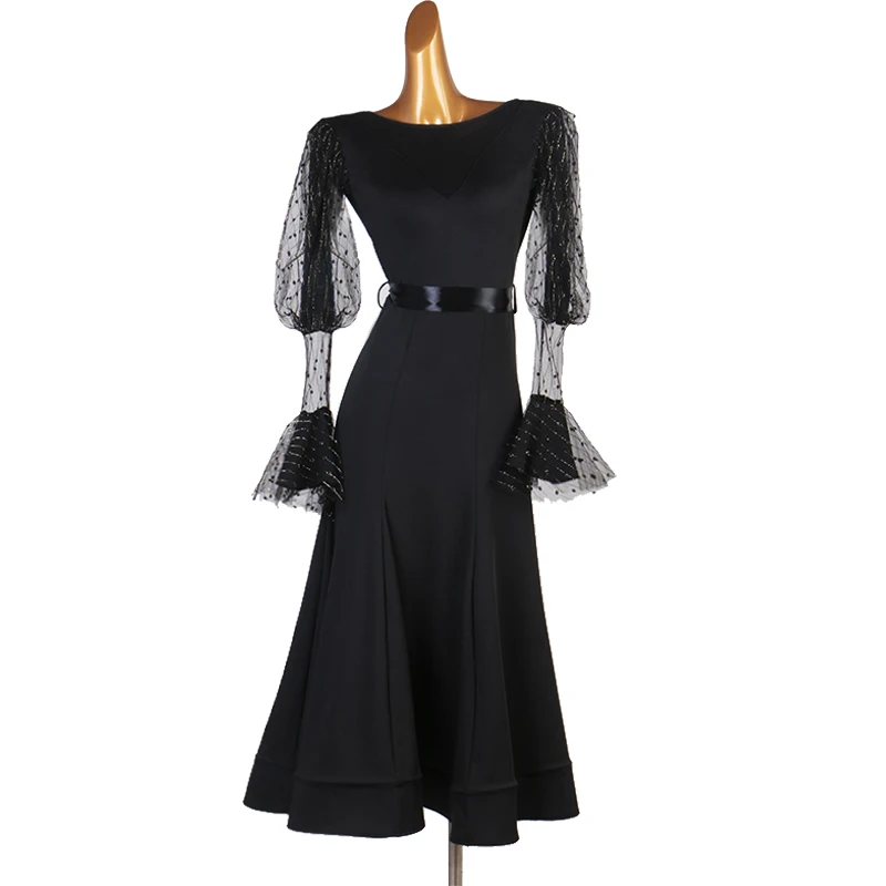 

New Modern Dance Costumes For Women Adult Lace Long Sleeve Elegant Big Swing Waltz Wear Ballroom Dance Competition Dress DQL5545