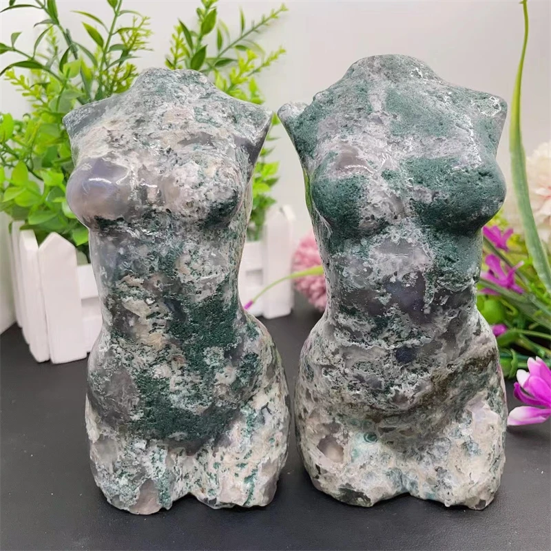 

15CM Natural Moss Agate Lady Body Carving Healing Crystal Gemstone Collectible Home Decoration Gift 1pcs