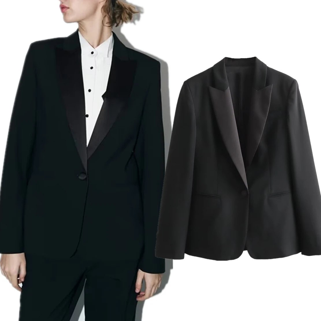 Jenny&Dave Satin Patchwork Casual Black Suits Ladies French Style Party Shawl Collar Blazers WOmen