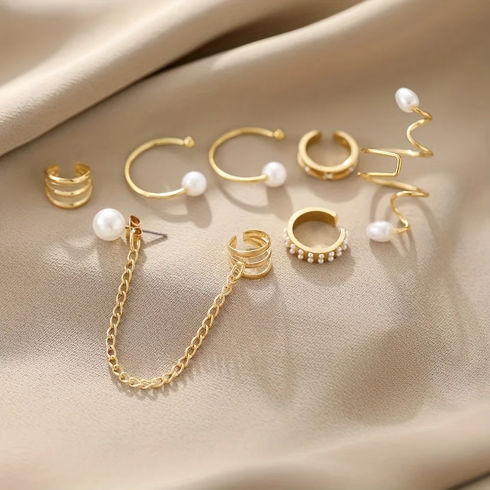 8PCS Creative Punk Style Earrings Set For Women, Faux Pearl Chain Ear Clips Bajoran Earrings And Ear Cuff Set