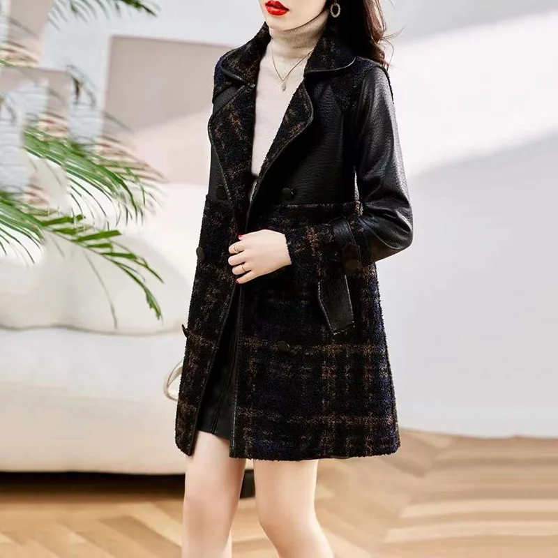 Winter New PU Leather Coat Long Double-Sided Leather Dress Women\'s Splicing Fashion Trench Coat Female Casual Motorcycle Jacket