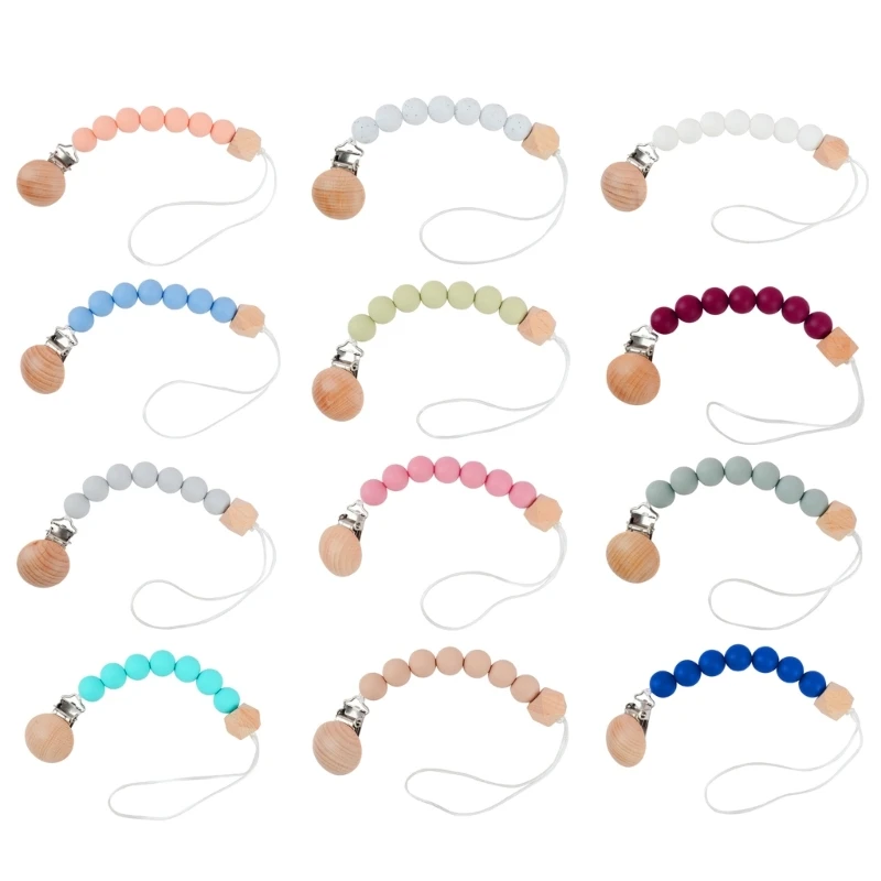 

Wooden Bead Pacifier Clips Silicone Chain Holder Newborn Soother Chains