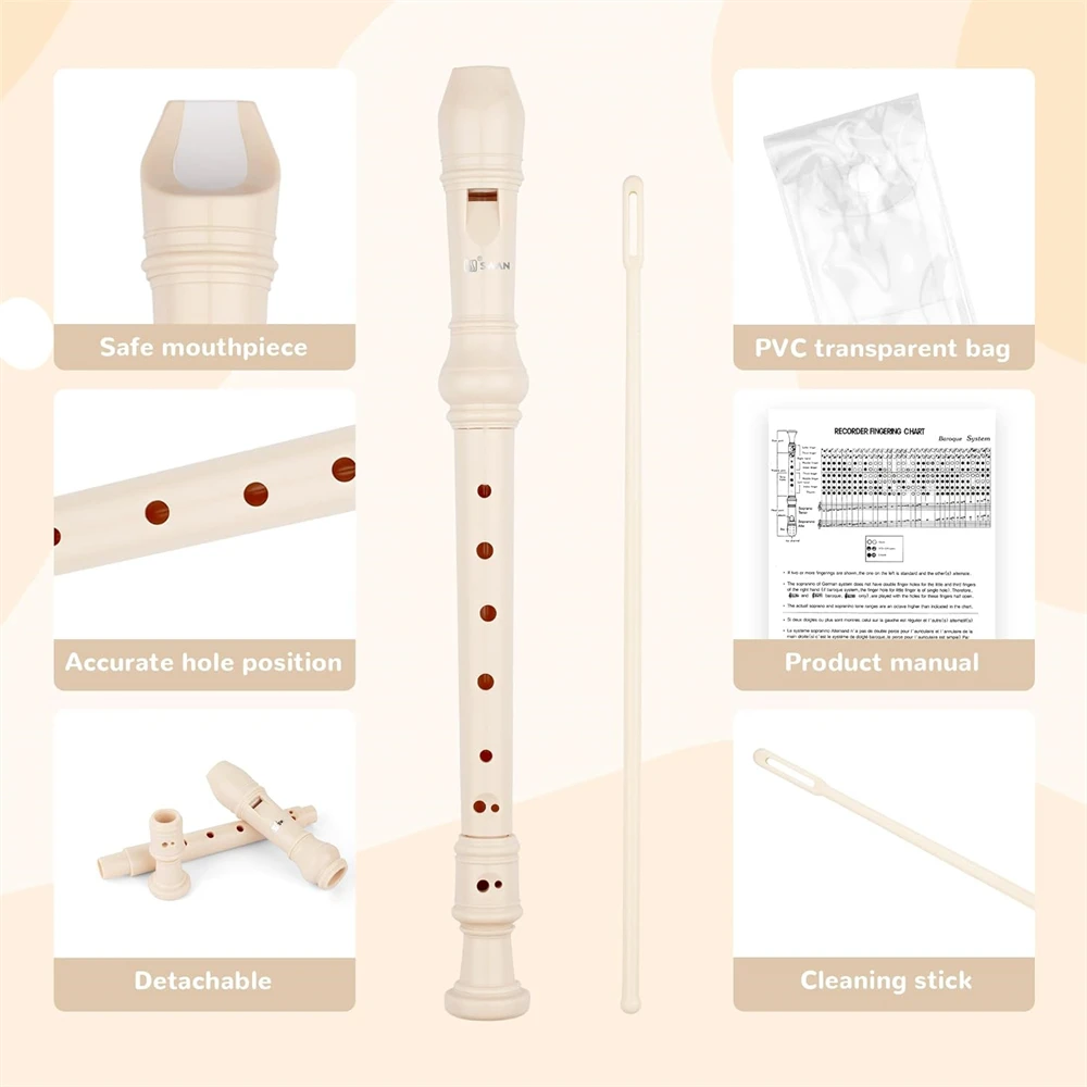8-hole treble Recorder for beginners with cleaning rod treble recorder