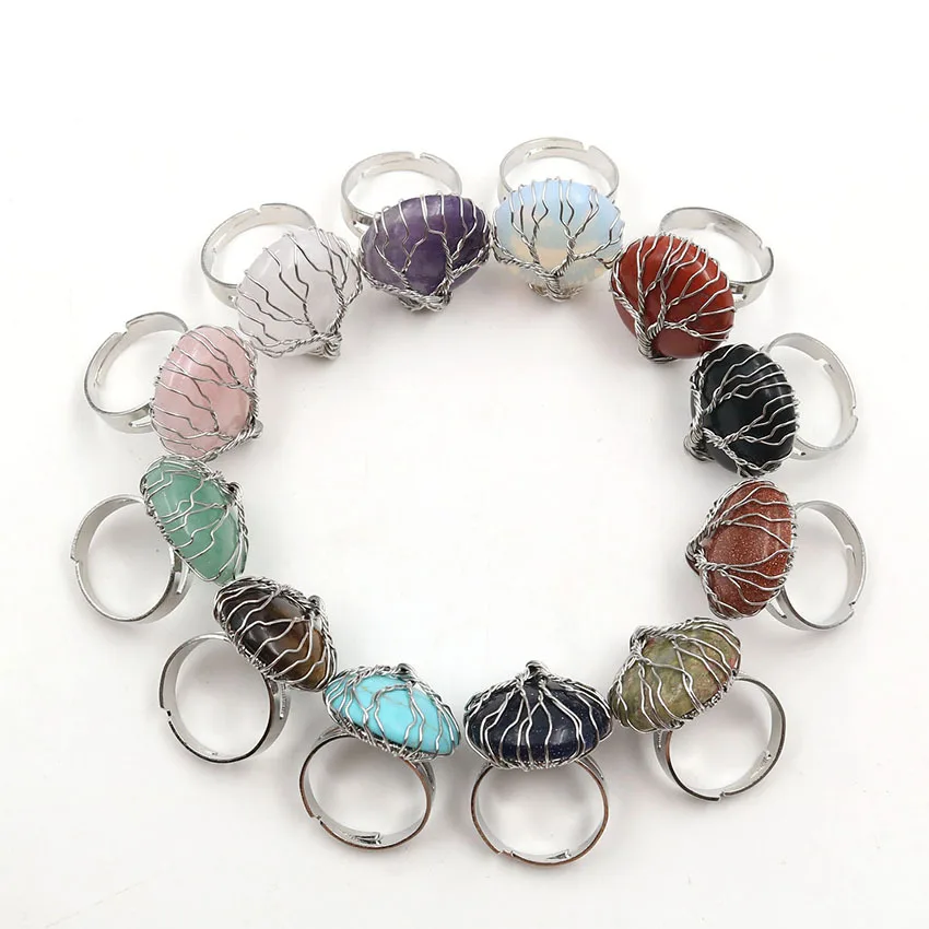 

Natural Stone Wire Wrap Tree Of Life Ring Black Onyx Rose Quartz Amethyst Crystal Adjustable Ring For Women Jewelry
