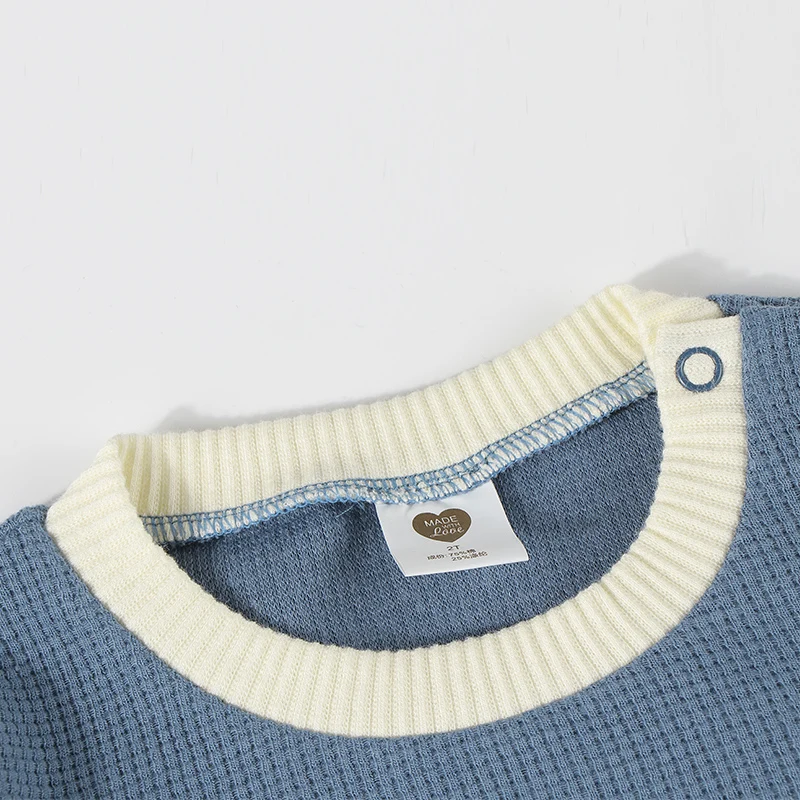 Jungen hemd waffel stricken top kinder t-shirt lange ärmel kontrast fell patch kinder top kordelzug winter jungen rundhals kleidung top – Detail 8