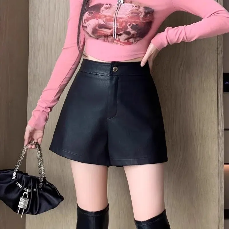 여성용 PU 가죽 반바지, 하이 웨이스트 슬림 플레어 캐주얼 A 라벨 야외 신발 바지, 한국 스타일 레저 바지, 가을 겨울