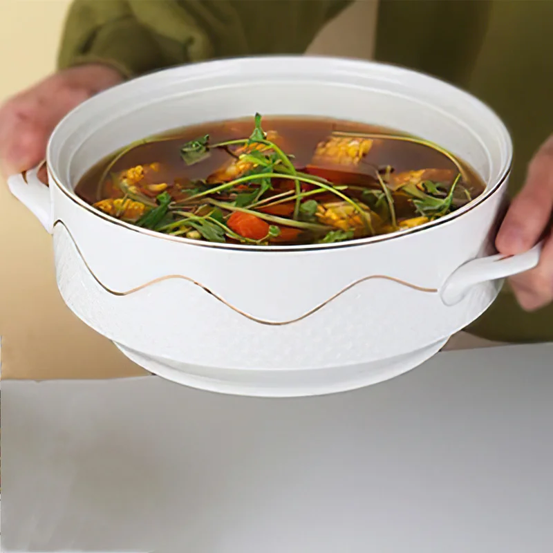Ceramic Tableware Set Ceramic Soup Bowl Phnom With Glass Cover Handle Salad Fruit Large Noodle Rice Food Pot Home Dessert Breakfast Oatmeal Tableware