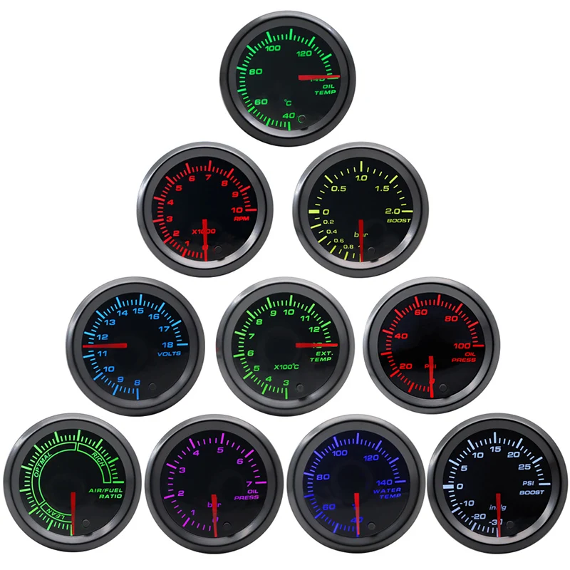 2" 52mm Tinted 7 Colors LED Display Boost/Water/Oil Temp/Pressure/Volt/Air Fuel Ratio/EGT/Tachometer Car Gauge +Pods 12V tachometer gauge engine tachometer tachometer meter