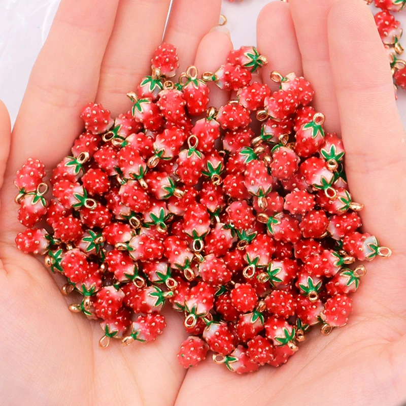 Set of 10 Enamel Strawberry Charms - Gold-Tone Fruit Pendants