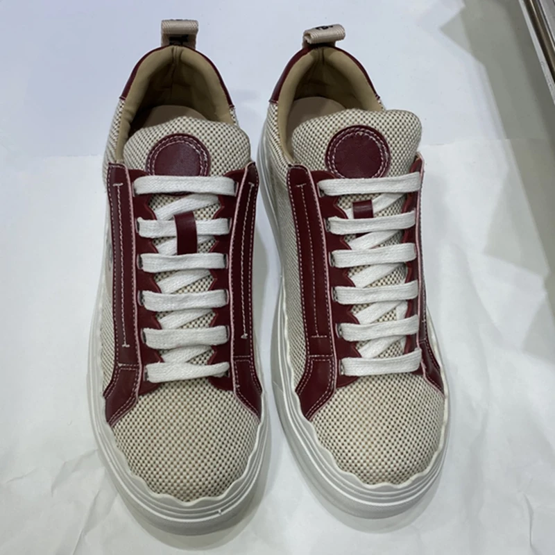 

Thick Sole Lace Up Women's Sneakers Splicing Canvas Mesh Leather Women Shoes Tennis Shoes Running Shoes Breathable Lace Sandals
