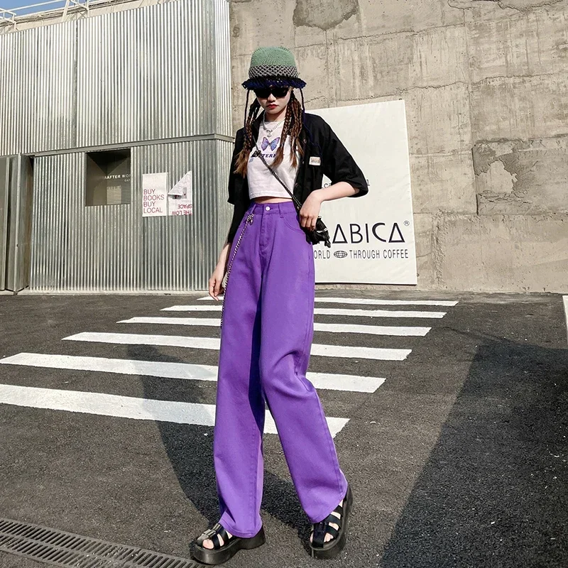 Purple Jeans 2022 Spring Vintage Denim Trousers Fashion Elegant Solid Pants  Casual High Waist Femme Straight Jeans For Women
