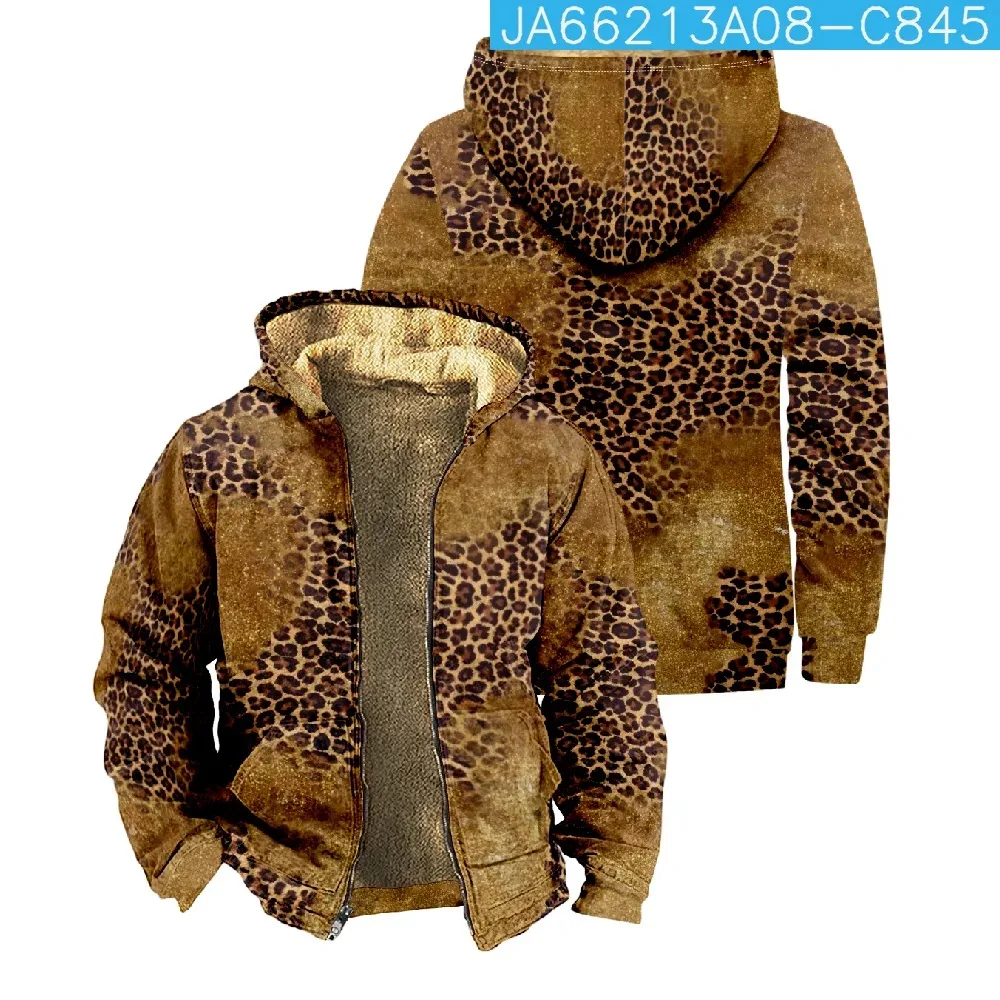 Winter Coats For Men Women Leopard Print Animal Tie Dye Hoodie Long Sleeve Stand Collar Zipper Sweatshirt Fashion Clothes 2024