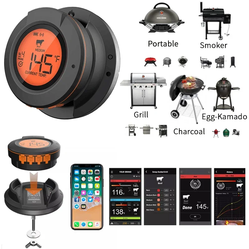 

Wireless Digital Bluetooth Smart Bbq/oven Grill Meat Thermometer 2 In 1 For Meat Food Smoker BBQ Charcoal Grill And Oven Smoker