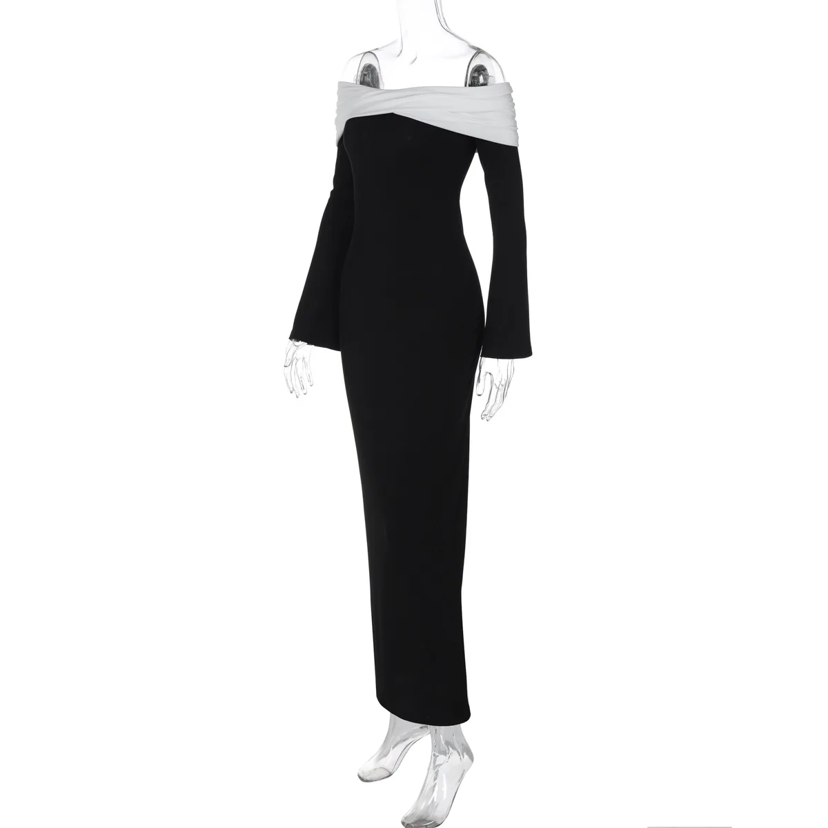 Elegant Contrast Slim Maxi Dress Female Off-Shoulder Fashion Twist Long Sleeve Patchwork Dress Ladies Party Dress Clothes
