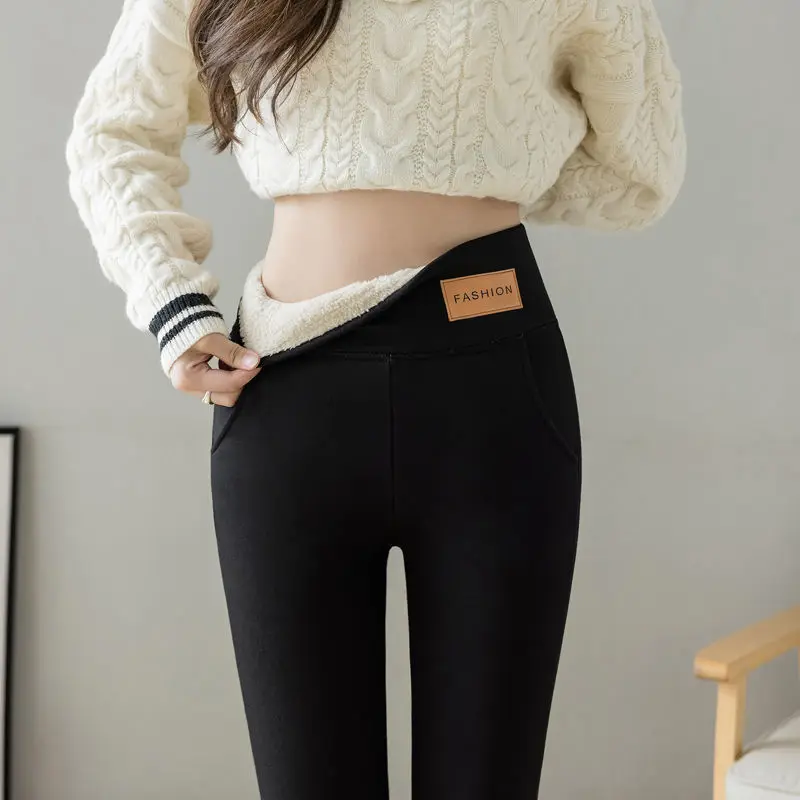 Autumn and Winter Women's High Waist Elastic Waist Solid Pocket Letter Plush Thickened Elastic Skinny Fashion Casual Underpants