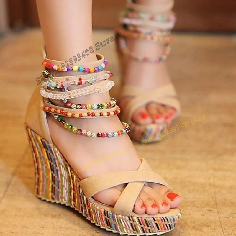 

Colorful Bead Chain Decor Weave Platform Sandals Back Zipper Wedges Heel Peep Toe Women Shoes Toe 2023 Fashion Zapatillas Mujer
