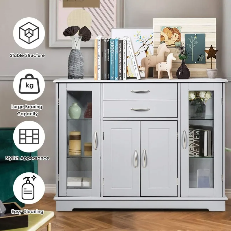 Sideboard Storage cabinet with 2 drawers,3 cabinets and glass doors for kitchen and dining room furniture,cupboards consoles