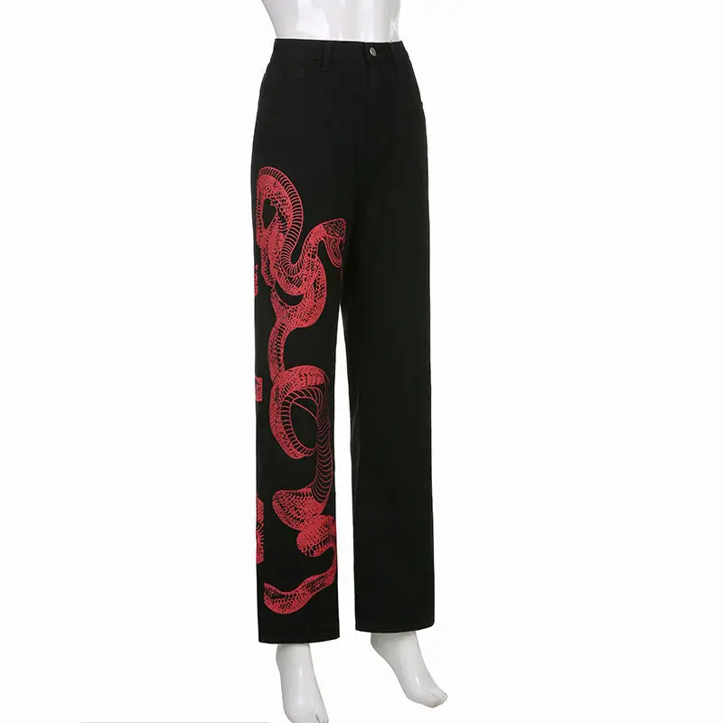 Calças de Brim Total em Linha Femininas Estilo Escuro Cintura Alta Comprimento Reta Cobra Padrão Calças 2022 Primavera Streetwear Senhoras Jeans Moda 9 alta comprimento total em linha reta cobra