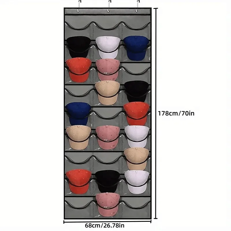 27 Pockets Hat Rack for Baseball Caps Over The Door Cap Organizer Hat Holder With Large Clear Pockets &3 Hooks Hat Storage 4