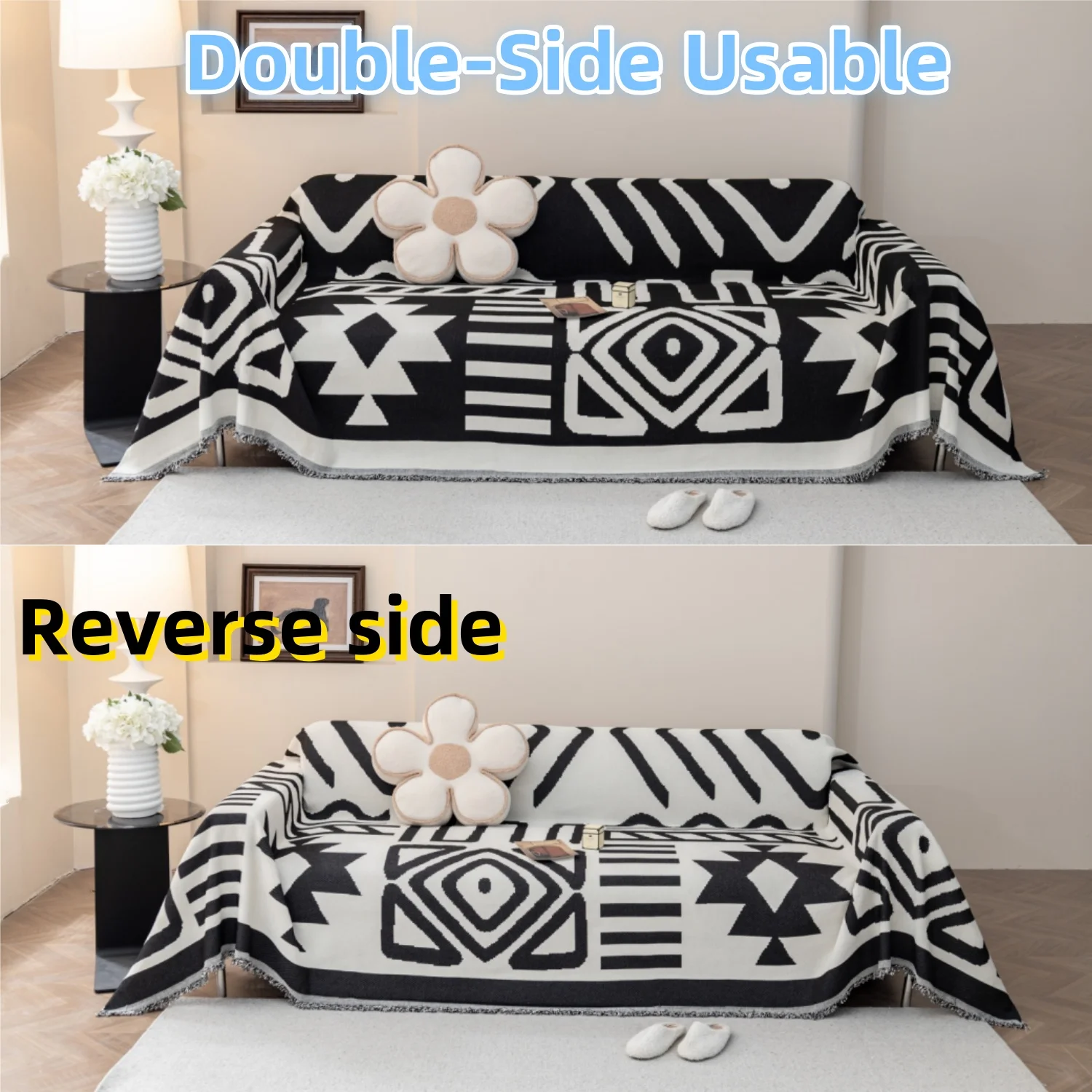 Boho Jacquard Chenille Sofa Towel with Tassels Double-side, for Living Room Camping Picnic Large Blanket Leisure Relax Beach 5