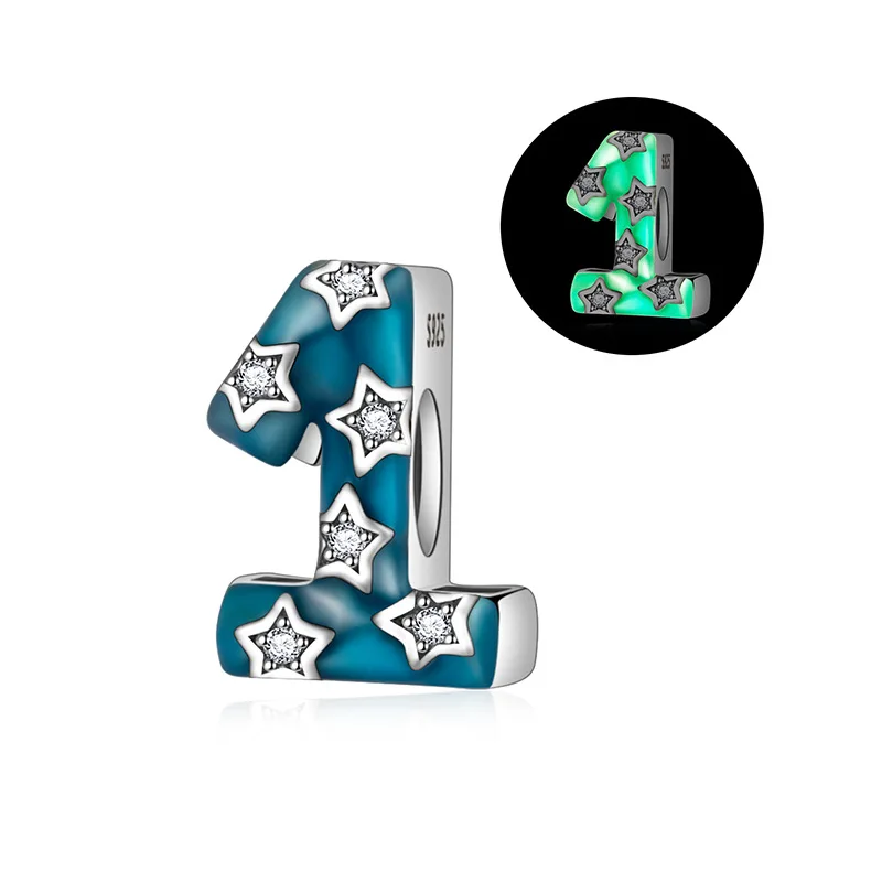 European S925 Sterling Silver AAA CZ Number 0-9 Noctilucent DIY Charms Bead Fit PNR Original Bracelet Jewelry For Women