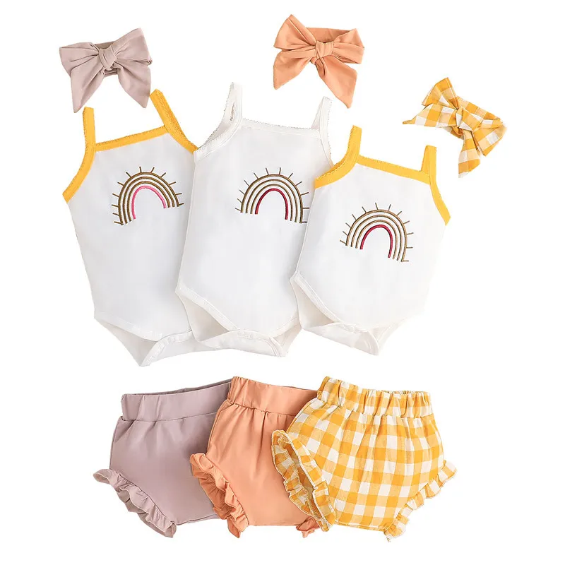 

Summer Toddler Newborn Baby Girls Clothes Sets Cotton Floral Print Sleeveless Bodysuits+Ruffes Drawstring Shorts+Headband 40