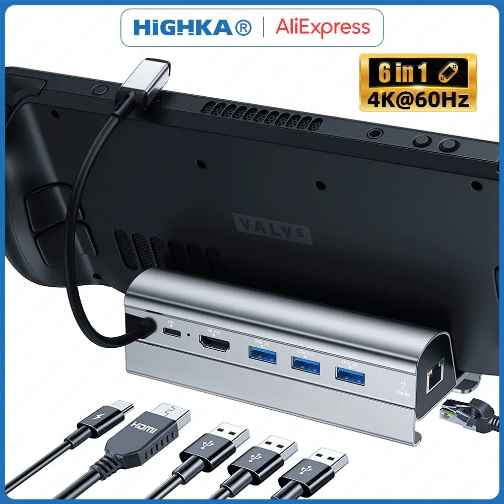 스팀 데크 도크 스탠드 액세서리, 6 in 1 스팀 데크 허브, 3 * USB 3.0, HDMI 4K @ 60Hz 기가비트 이더넷, 1000Mbps USB-C PD 60W