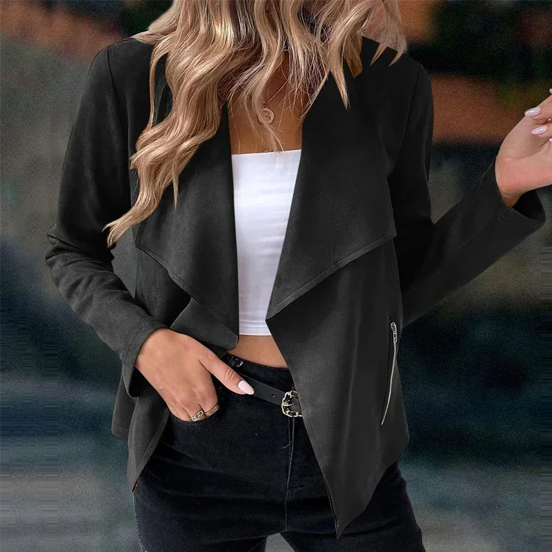 2024 New Women's Suit Jacket Solid Suede Lapel Zipper Pocket Office Commuting Formal Slim Cardigan Top Fashion Street Wear S-XL