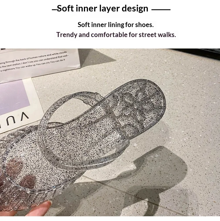 Women'S 2 In 1 Transparent Crystal Plastic Jelly Sandals Non Slip Glitter Pointed Toe Summer Casual Outdoor Beach Flat Slippers