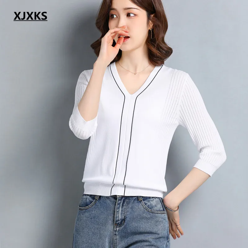 

XJXKS Fashion V-neck Women's Spring Summer Sweater 2022 New High Elastic Slim Fit Knit Pullover Female Three-quarter Sleeve Top
